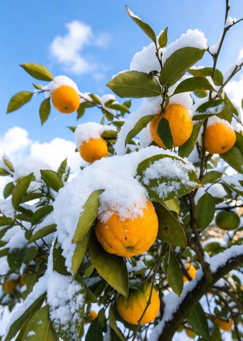 "Ripe oranges hanging on a snow-covered citrus tree — nature’s magic showing why winter is peak citrus season."