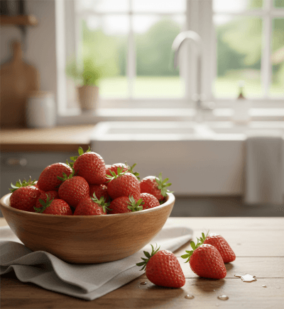 A vibrant, close-up shot of fresh, ripe red strawberries resting on a kitchen counter. The berries have bright green leafy tops. The background is softly blurred, showing a domestic kitchen environment with cabinets or a window, highlighting the freshness of the fruit.