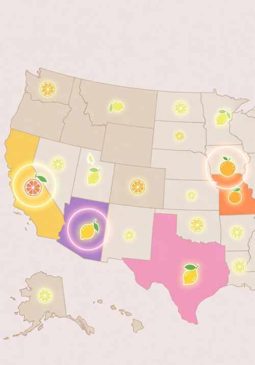 "U.S. map highlighting top citrus-growing states: Florida (oranges), California (lemons), Texas (grapefruit), Arizona. Visual guide to when citrus is in season across America."
