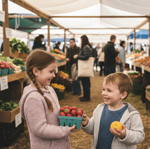 A bright, cheerful photo of happy children standing at an outdoor farmers market in early spring fruits in season are there. The kids are smiling and holding baskets of fresh red strawberries and bright yellow citrus fruits, with blurred market stalls and greenery in the sunny background.