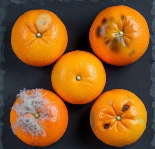  Four flawed oranges showing soft spots, bruises, mold, and punctures surrounding one perfect fruit—clear visual guide to avoid.
