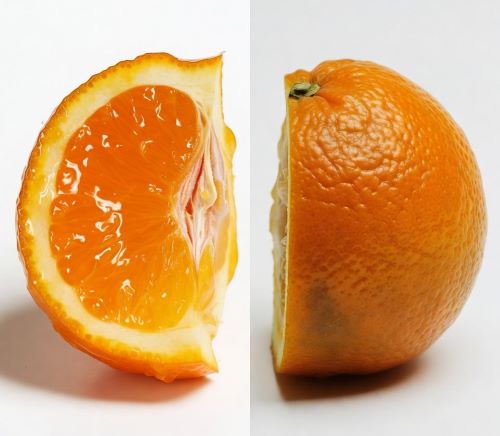Side-by-side oranges: glossy left fruit shines fresh and hydrated, dull right fruit looks aged and dehydrated.