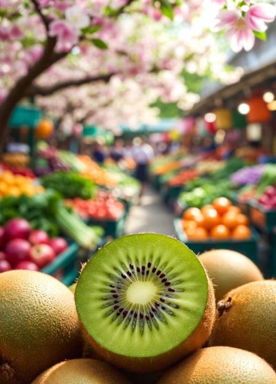 A close-up of a freshly cut kiwi fruit held up in the foreground, revealing its vibrant green flesh, black seeds arranged in a perfect starburst pattern, and bright white center. The kiwi is sharply in focus with droplets of juice on the cut surface. In the softly blurred background, a lively springtime open-air fruit market stretches into the distance: colorful crates overflowing with oranges, lemons, apples, and berries under bright striped awnings in red, blue, and green, with pink and yellow blossoms hanging overhead and warm sunlight creating a cheerful bokeh effect.