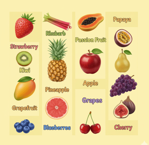 A bright, vertical collage on a light yellow background featuring 14 different fruits, each labeled with its name in a colorful, playful font. The fruits are arranged in a loose grid and include: a strawberry, red rhubarb stalks, a kiwi slice, a whole pineapple, a mango, a pink grapefruit slice, a cluster of blueberries, a papaya half, a passion fruit half, a red apple, a yellow pear, a bunch of purple grapes, a halved fig, and a pair of red cherries.