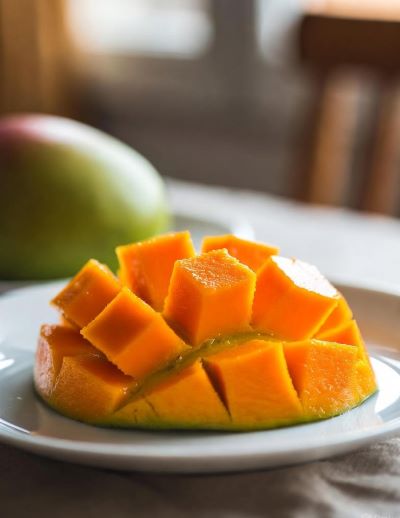 A close-up of perfectly ripe mangoes cut into hedgehog (cube) style on a simple white plate, revealing their vibrant orange flesh and glossy texture, with soft natural light highlighting every juicy detail.