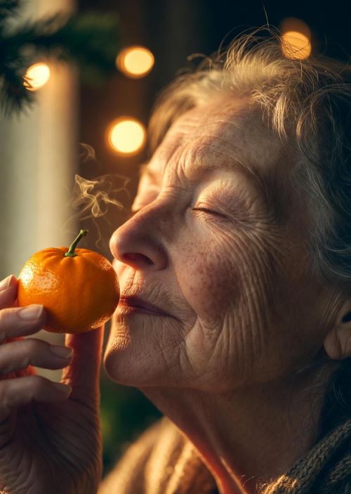 Woman happily sniffing stem end of clementine; strong citrus scent illustrated as golden aroma waves, evoking Christmas morning freshness.
