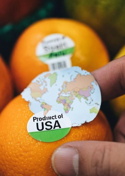 Orange sticker being revealed: “Product of Spain” (nearby, fresh) vs distant import; shorter travel equals juicier flavor.
