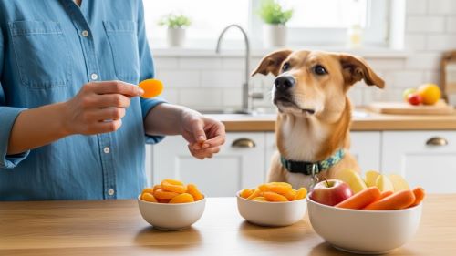 Dog owner offering a very small piece of dried apricot to a dog in a kitchen, showing that dogs can eat dried apricots only in tiny amounts with safety precautions.