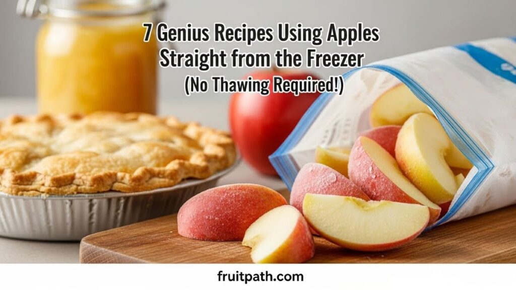 "Frosty frozen apple slices spilling from an open freezer bag onto a wooden cutting board, with a golden baked apple pie and jar of chunky applesauce in the background – perfect for no-thaw frozen apple recipes"
