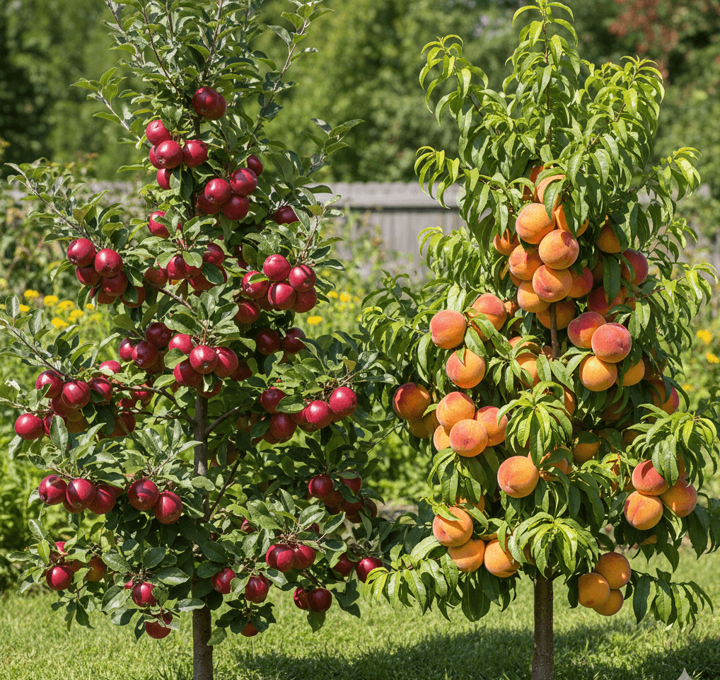Dwarf apple and peach trees loaded with fruit – perfect for small backyard fruit gardening
