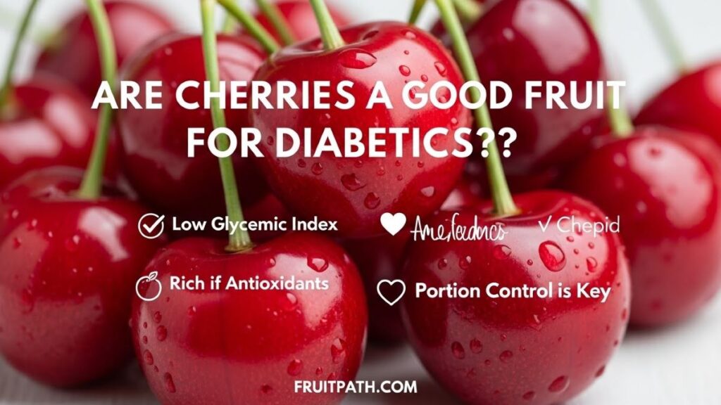 Fresh red cherries as a good fruit for diabetics, with stable blood sugar benefits and low glycemic impact.