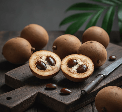 kepel fruit on a kitchen counter eight of them but two fruit are half sliced and a knif and kepel seeds.