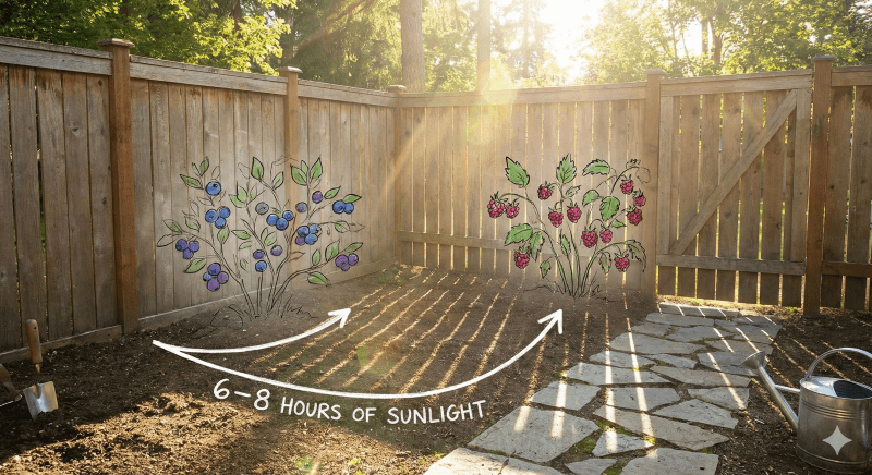 Sunny backyard spot with 8 hours of sunlight – ideal location for fruit cultivation & gardening
