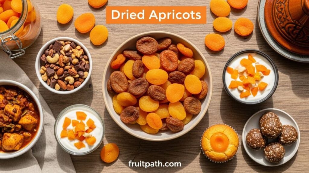 "Plump organic dried apricots showcased with trail mix, yogurt topping, tagine, muffin, and energy balls – highlighting the nutrition, versatility, and benefits of apricot dry fruit in this complete guide"