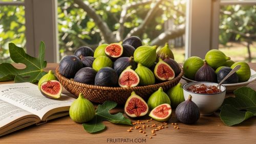 A woven basket filled with fresh whole and halved figs—revealing their vibrant red-pink interiors and tiny seeds—sits on a wooden table in soft natural sunlight streaming through a window. Surrounding the basket are scattered fig leaves, additional whole green and purple figs, and a small white bowl of glistening fig jam with a spoon. An open book lies nearby, adding a cozy, rustic atmosphere. Watermark in the corner reads "FRUITPATH.COM"