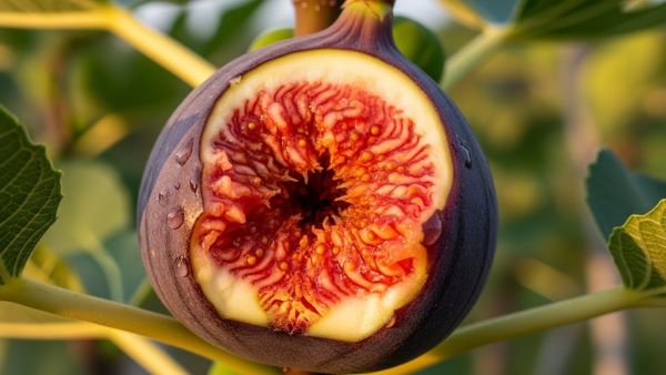 Close-up of a ripe fig with a bite taken, showing its juicy, seeded pink interior against fig tree leaves in sunlight