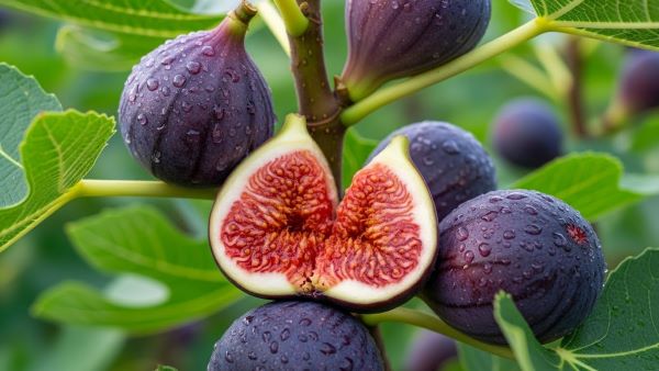 Fresh ripe purple figs on a tree branch, some halved to reveal their juicy seeded centers, with dew drops and green leaves