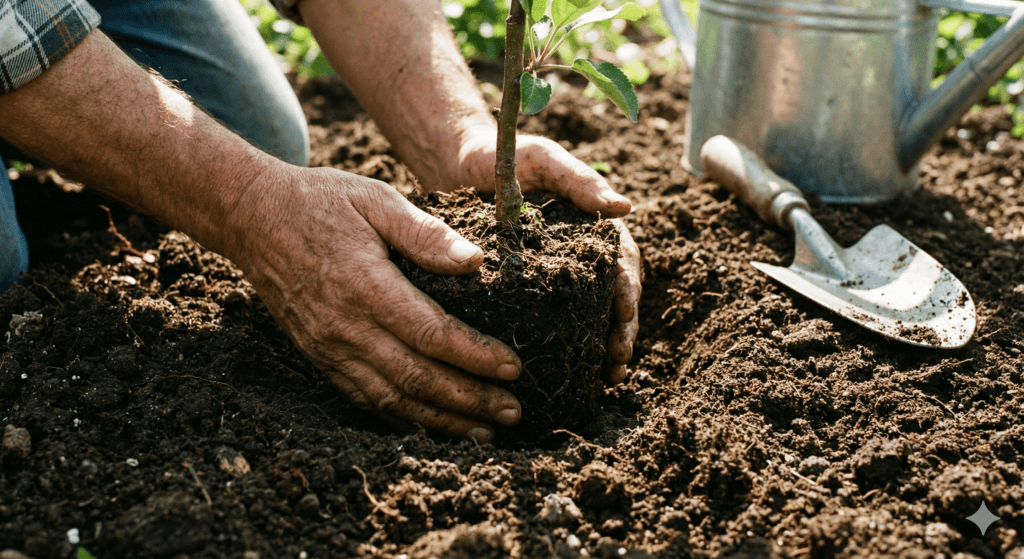  Hands planting young fruit tree seedling – starting fruit cultivation & gardening the right way
