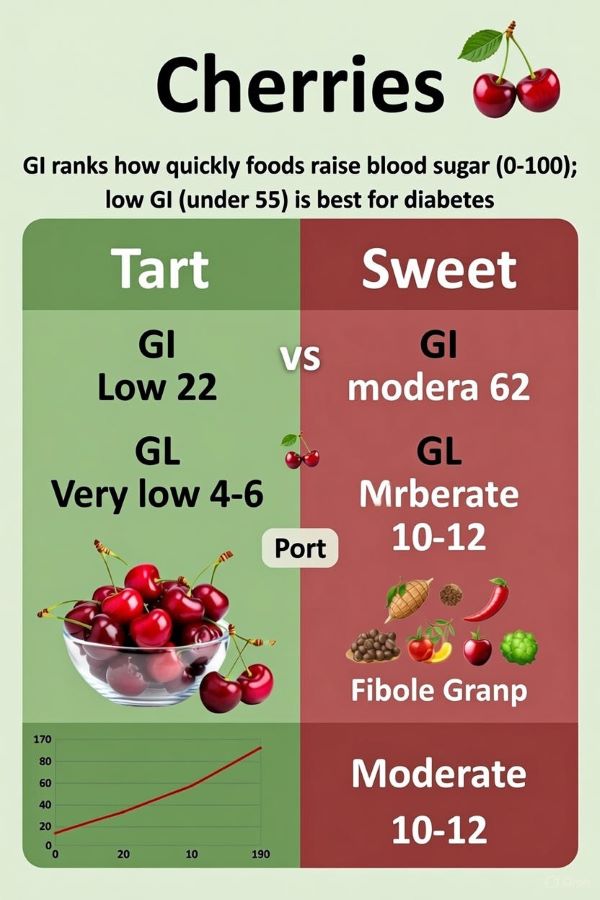 Educational chart on glycemic index and load of cherries, with a central bowl of fresh red cherries, side-by-side comparison of tart cherries (GI 22, very low GL 4-6) and sweet cherries (GI 62, GL 10-12), explanations of GI and GL concepts, portion considerations, fiber benefits, and a gentle blood sugar rise graph, highlighting suitability for diabetes.