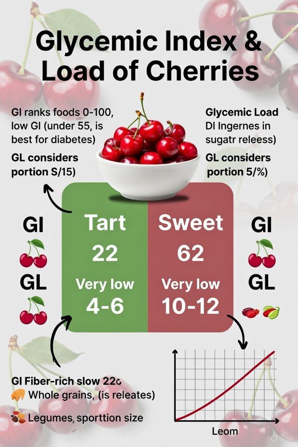 Infographic comparing glycemic index and glycemic load of tart versus sweet cherries for diabetes management, showing tart cherries with low GI 22 and very low GL 4-6 on green background, sweet cherries with moderate GI 62 and GL 10-12 on red background, featuring a bowl of red cherries, blood sugar curve, and notes on portion and fiber.