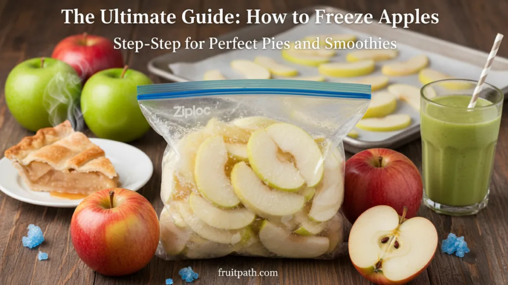 "Frozen apple slices in a freezer bag surrounded by fresh apples, flash-frozen slices on a tray, an apple pie, and a green smoothie — illustrating the ultimate guide to freezing apples for pies and smoothies."
