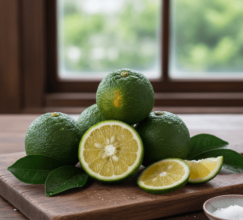 some kabasu fruits on the kitchen table one is sliced and green leaves of the fruit text with salt