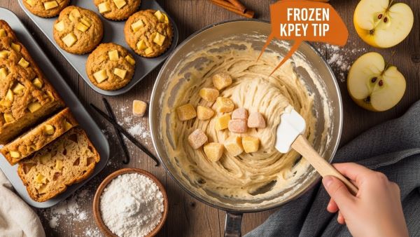 Flour-coated frozen apple chunks being folded into muffin batter to make spiced apple muffins without thawing.