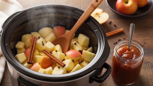 Slow cooker apple butter made from frozen apple chunks cooked slowly with cinnamon and cloves.