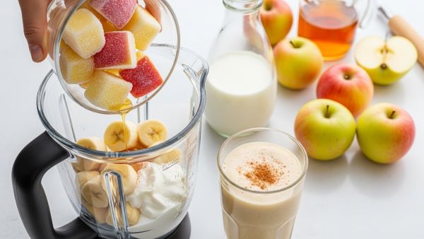 Frozen apple cubes blended into a creamy apple smoothie, replacing ice for natural sweetness and flavor.