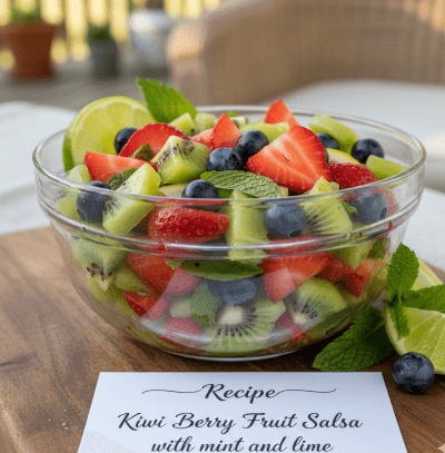 A close-up shot of a vibrant Kiwi Berry Fruit Salsa served in a clear glass bowl, sitting on a wooden cutting board outdoors on a sunny day. The salsa is a colorful mix of diced green kiwi, halved red strawberries, and deep blueberries. It's garnished with fresh mint leaves and slices of lime. A small white card in the foreground displays the text: "Recipe: Kiwi Berry Fruit Salsa with mint and lime."