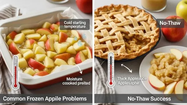 Comparison showing common frozen apple cooking problems versus successful no-thaw apple recipes with firm texture and thick filling.