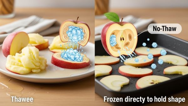 Comparison showing thawed frozen apples becoming watery and mushy versus frozen apples cooked directly to keep their shape and flavor.