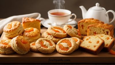 "Assortment of baked treats including apricot scones, cookies, and cake slices featuring chopped dried apricots, displayed on a wooden board with tea, sweet dessert photography"