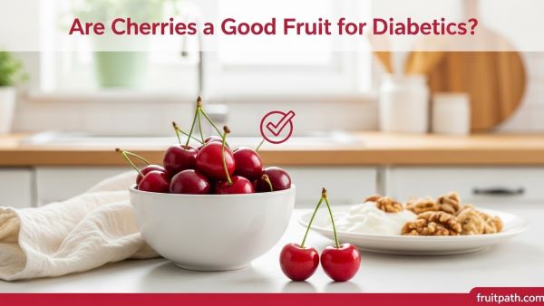 Bowl of fresh cherries with a small plate of protein, illustrating that cherries can be a healthy, moderate fruit choice for people with diabetes.