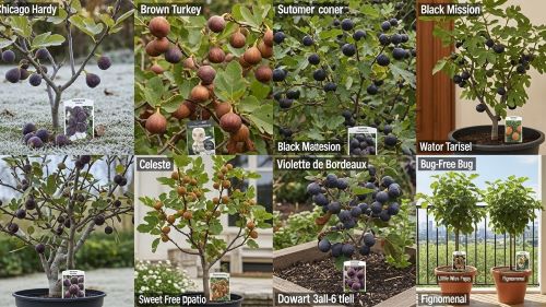 Different beginner fig tree varieties labeled Chicago Hardy, Brown Turkey, Black Mission, Celeste, Violette de Bordeaux, Little Miss Figgy, and Fignomenal growing together in a home garden and balcony pots.