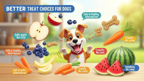 "A joyful dog surrounded by safe fruit treats including apple slices, blueberries, banana pieces, carrot sticks, and watermelon chunks, plus commercial dog treats, illustrating healthier alternatives for canine snacks."