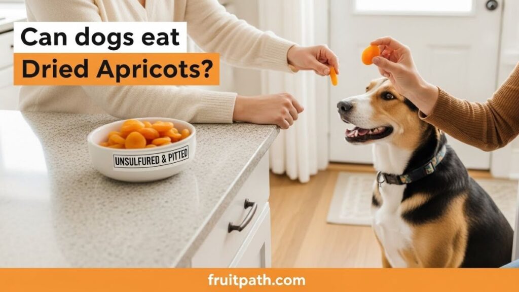 Dog owner offering a tiny piece of dried apricot to a dog in a kitchen, showing safe portion size and caution for dogs eating dried apricots.