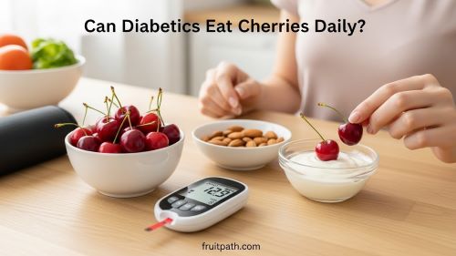 Diabetic-friendly portion of fresh cherries served with yogurt and nuts next to a blood sugar meter showing a healthy reading, representing safe daily cherry intake for diabetes.