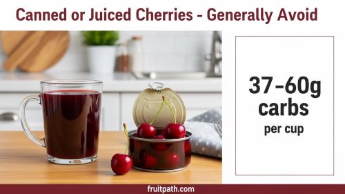 Cup of cherry juice and an open can of cherries in syrup, with a label showing 37–60 grams of carbohydrates per cup, illustrating why canned or juiced cherries should generally be avoided for diabetics.