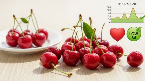 Fresh red cherries alongside diabetes management tools like a portion guide and stable blood sugar reading, highlighting safe enjoyment for diabetics.