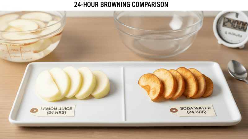 comparison results of browning apples slice in soda water and lemon juice after 24 ours the result shows the lemon juice is perfect for it