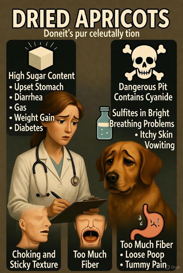"Infographic warning of dried apricot risks for dogs, showing a vet with a sad dog and icons for high sugar issues, cyanide in pits, sulfites allergies, choking hazard, and excess fiber causing digestive upset."