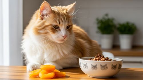 "Adorable cat happily eating healthy meat-based cat treats, turning away from dried apricots to show cats are obligate carnivores and should avoid fruit snacks."