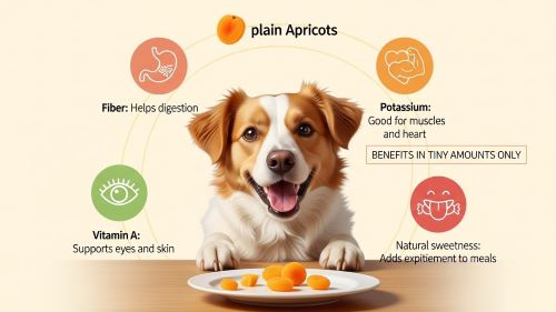 "A happy dog eyeing small pieces of dried apricots, surrounded by icons highlighting benefits like fiber for digestion, potassium for heart and muscles, vitamin A for eyes and skin, and natural sweetness, illustrating minor nutritional perks in tiny amounts."