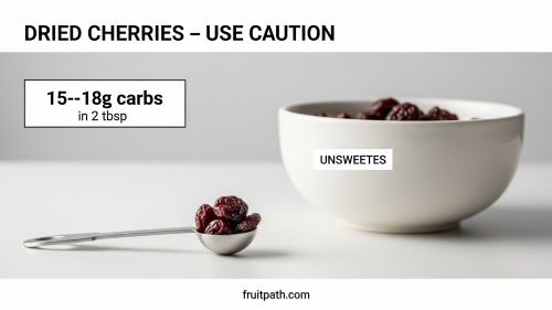 Small spoon of unsweetened dried cherries with a note showing 15–18 grams of carbohydrates in two tablespoons, illustrating portion control for diabetics.