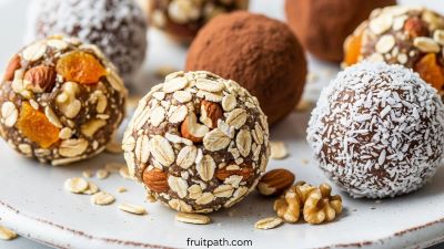 "No-bake energy balls with dried apricots, nuts, oats, and coconut – easy healthy treats for kids or post-workout"