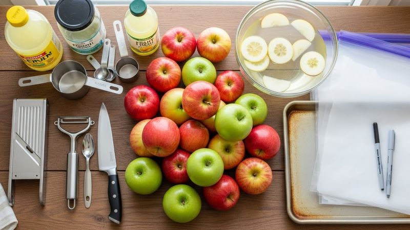essential tools for preservation of apple varieties , in a centre different apples varieties are on the kitchen counter