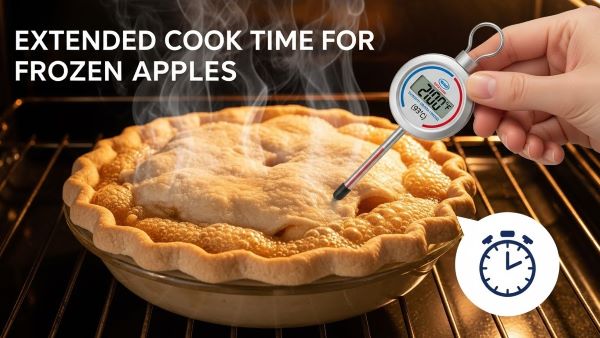 Apple pie made with frozen apples baking longer, showing bubbling edges and a thermometer reading 200°F to check doneness.