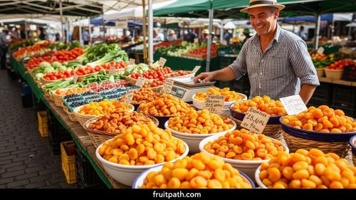 "Dried apricots displayed at a farmers market stall – freshest seasonal option for buying high-quality ones"