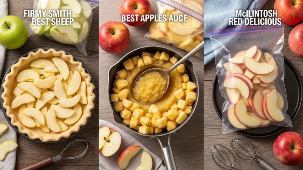 Comparison of apple varieties frozen for pie, applesauce, and baking, showing which apples hold their shape and which soften after freezing.